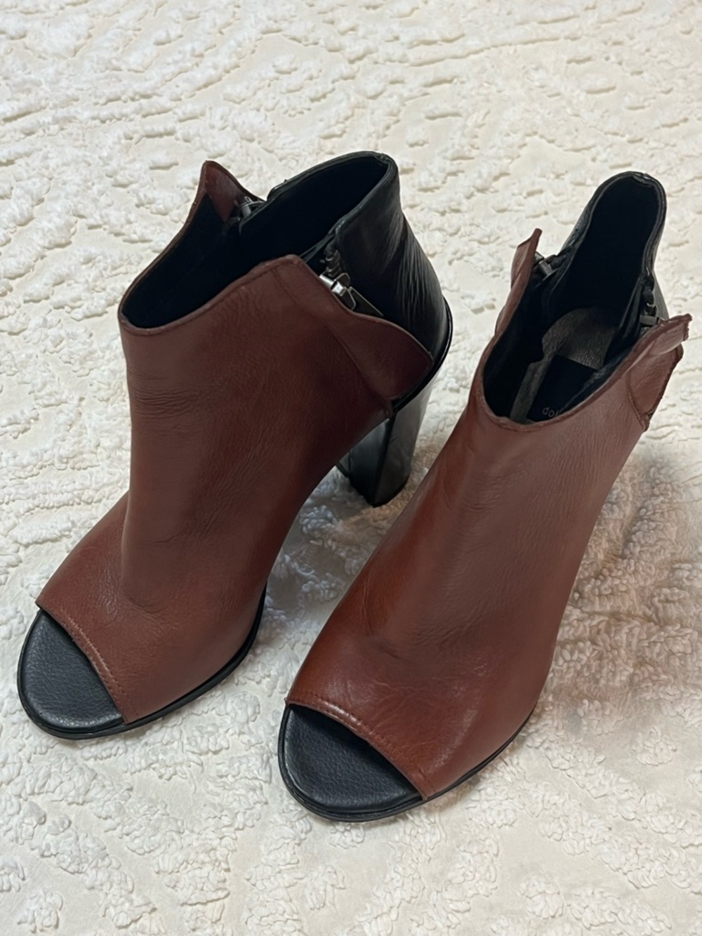 Dolce Vita Brown Open-Toe Leather Booties with Black Heel